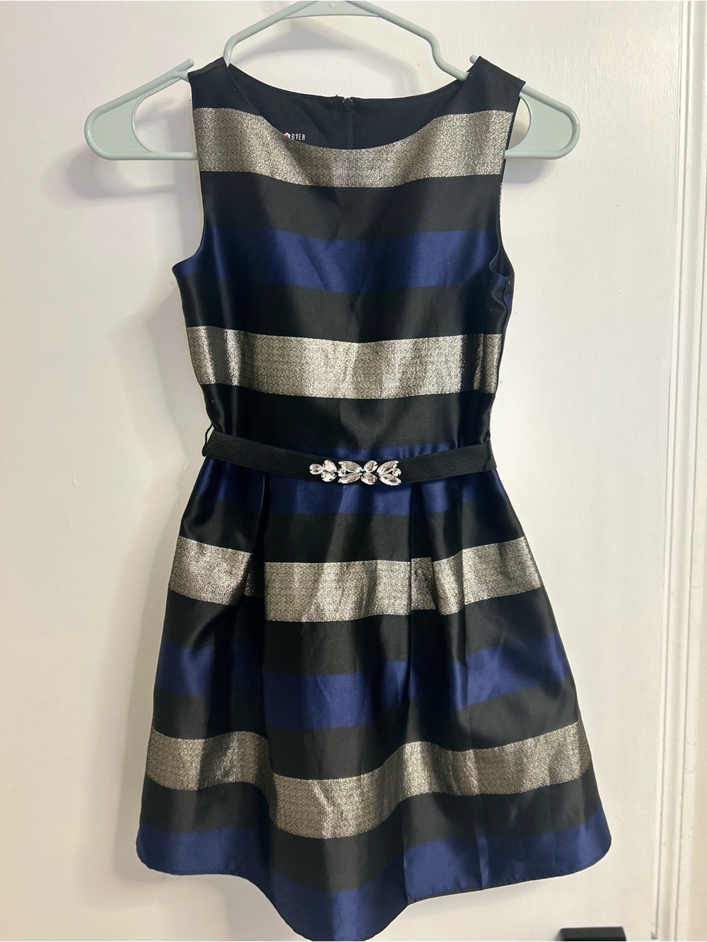 Amy Byer Navy and Champagne Striped Formal Dress with Jeweled Belt